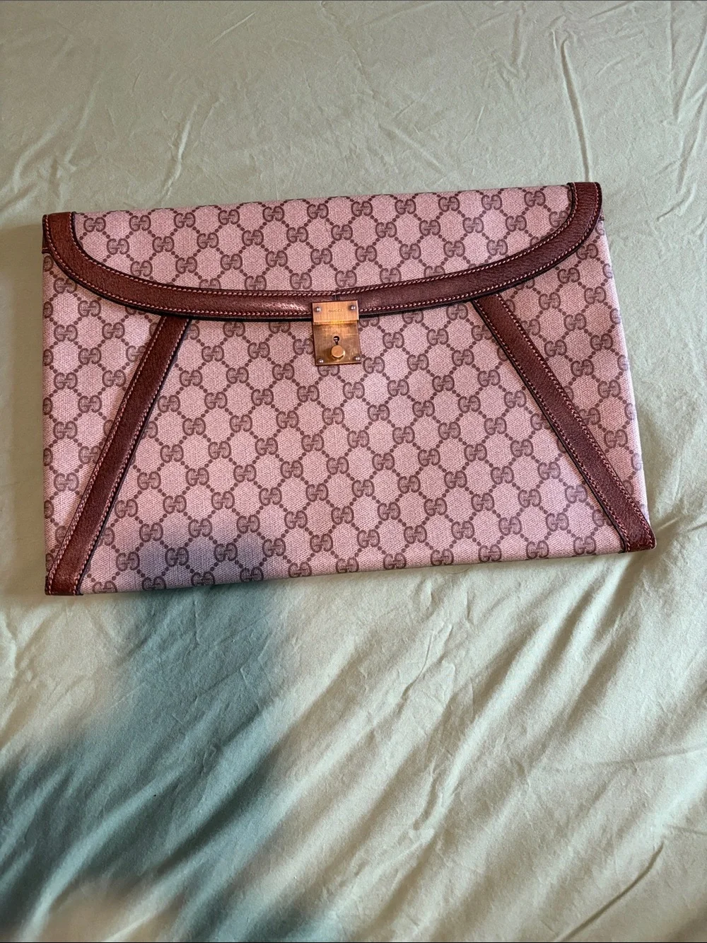 Gucci Beige GG Supreme Envelope Clutch with Brown Leather Trim
